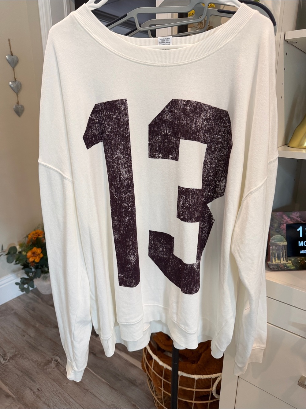 Altar'd State White Crewneck Sweater with Distressed Dark Burgundy '13' Graphic